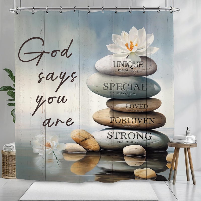 Kalmico Zen Spa Shower Curtain 72Wx72L Inch Meditation Quotes Motivational Bible Christian Inspirational Positive Bathroom Set Accessories Decor with 12 Pack Hooks