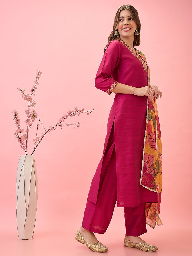 globus Globus Women Floral Embroidered V-Neck Straight Festive Kurta With Pants & Printed Dupatta Set  - Image 2