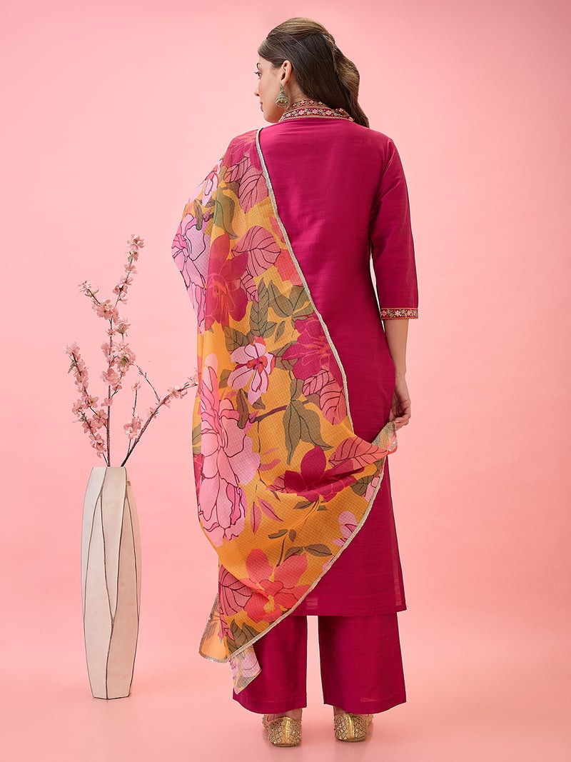 globus Globus Women Floral Embroidered V-Neck Straight Festive Kurta With Pants & Printed Dupatta Set  - Image 3