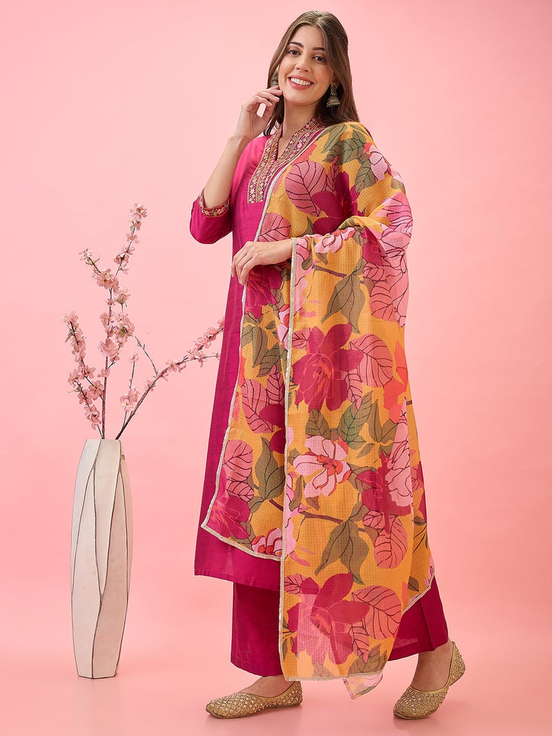 globus Globus Women Floral Embroidered V-Neck Straight Festive Kurta With Pants & Printed Dupatta Set  - Image 1