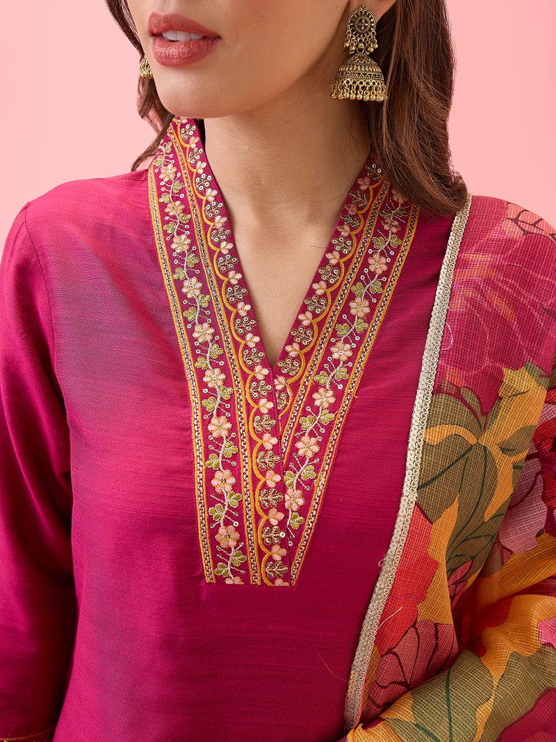 globus Women Floral Embroidered V-Neck Straight Festive Kurta With Pants & Printed Dupatta Set