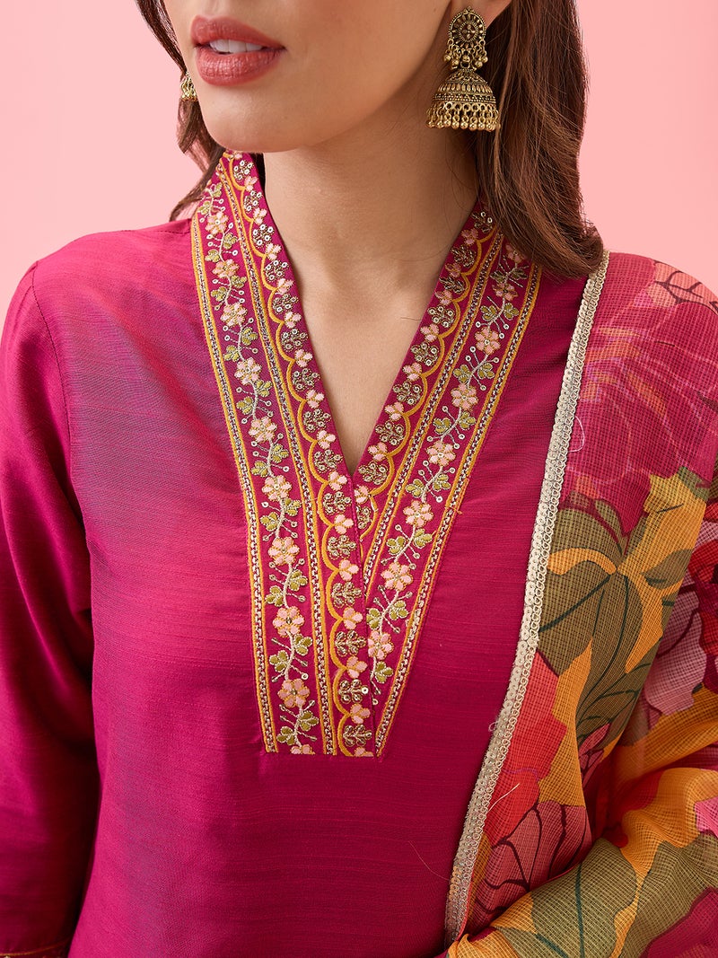 globus Globus Women Floral Embroidered V-Neck Straight Festive Kurta With Pants & Printed Dupatta Set  - Image 4