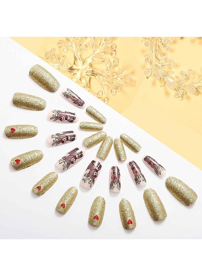 Vezocim Christmas Press on Nails Oval Long Length 24Pcs Gold Artificial Winter Fake Nails with Elk Heart Designs Glossy Full Cover False Nails Glue Stick on Fingernails for WomenJP1269 - Image 3
