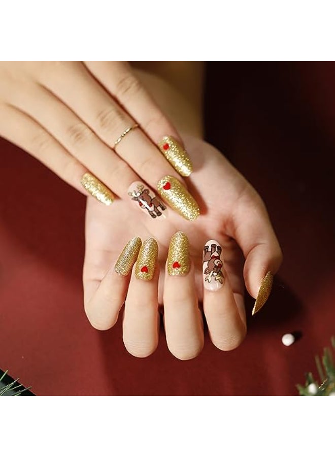 Vezocim Christmas Press on Nails Oval Long Length 24Pcs Gold Artificial Winter Fake Nails with Elk Heart Designs Glossy Full Cover False Nails Glue Stick on Fingernails for WomenJP1269 - Image 1