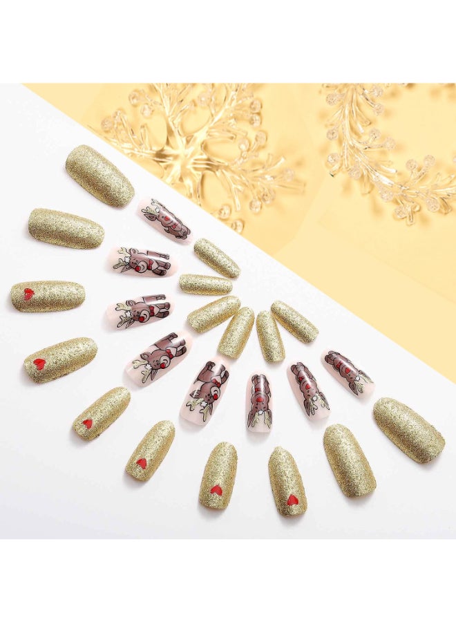 Vezocim Christmas Press on Nails Oval Long Length 24Pcs Gold Artificial Winter Fake Nails with Elk Heart Designs Glossy Full Cover False Nails Glue Stick on Fingernails for WomenJP1269 - Image 4