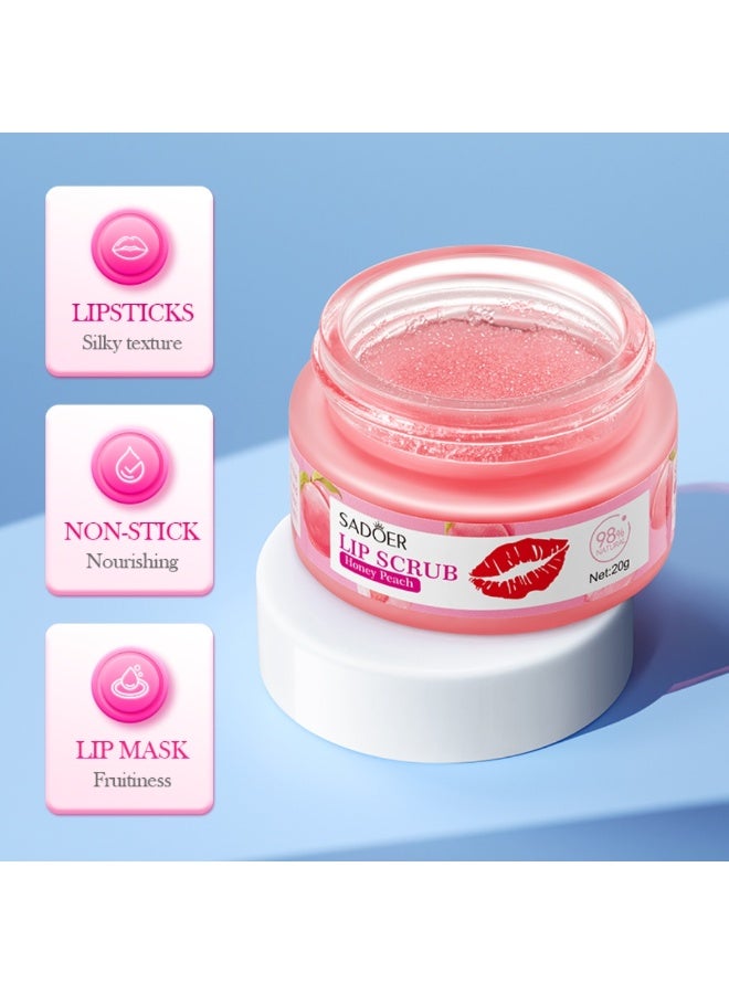 SADOER Honey Peach Lip Scrub 20g gently exfoliates and nourishes lips, removing dead skin while providing deep hydration. It leaves lips soft, smooth, plump, and naturally radiant. - Image 3