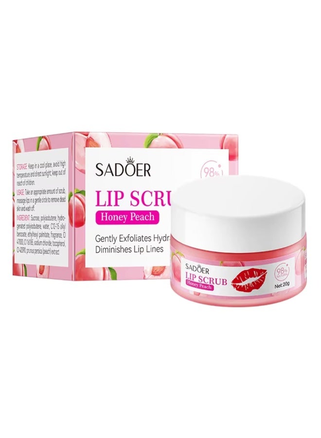 SADOER Honey Peach Lip Scrub 20g gently exfoliates and nourishes lips, removing dead skin while providing deep hydration. It leaves lips soft, smooth, plump, and naturally radiant. - Image 1