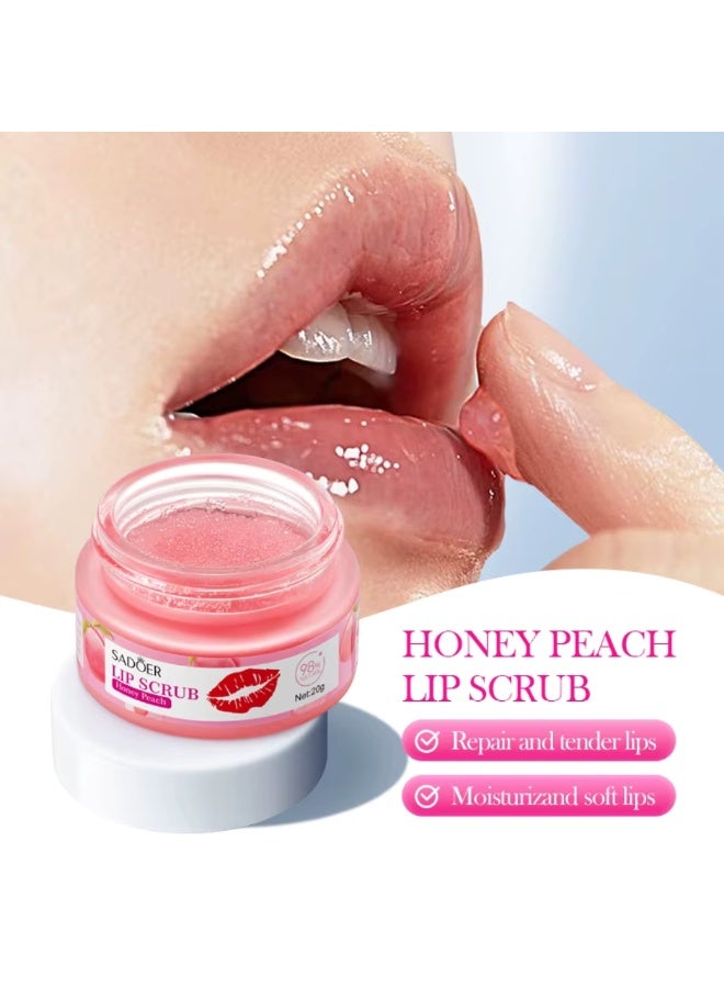 SADOER Honey Peach Lip Scrub 20g gently exfoliates and nourishes lips, removing dead skin while providing deep hydration. It leaves lips soft, smooth, plump, and naturally radiant. - Image 2