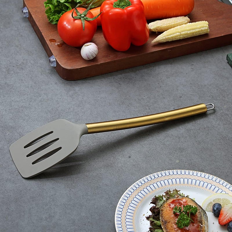 Berglander Non-stick Silicone Slotted Turner with Titanium Gold Plated Handle for Cooking, Dishwasher Safe, Easy to Clean - Image 4