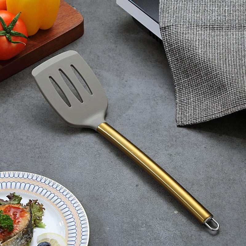 Berglander Non-stick Silicone Slotted Turner with Titanium Gold Plated Handle for Cooking, Dishwasher Safe, Easy to Clean - Image 2