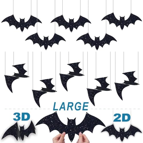 Pawliss Halloween Decorations Outdoor: 10Pcs Hanging Bats Stickers Wall Decals Window Sticker, Large 3D Bats with glitter Removable Halloween Yard Front Door Porch Decoration Party Gothic Decor Indoor - Image 2
