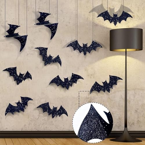 Pawliss Halloween Decorations Outdoor: 10Pcs Hanging Bats Stickers Wall Decals Window Sticker, Large 3D Bats with glitter Removable Halloween Yard Front Door Porch Decoration Party Gothic Decor Indoor - Image 5