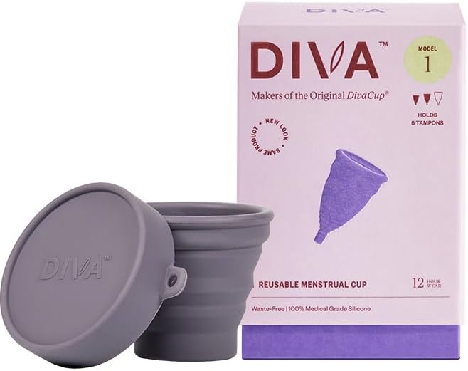 DivaCup DIVA Cup & Shaker - Medical Grade Silicone Cup for Period Care - Reusable Menstrual Cup with Shaker for On-The-Go Cleansing - Wear Up to 12 Hours - Model 1 (for Medium to Heavy Flow) 