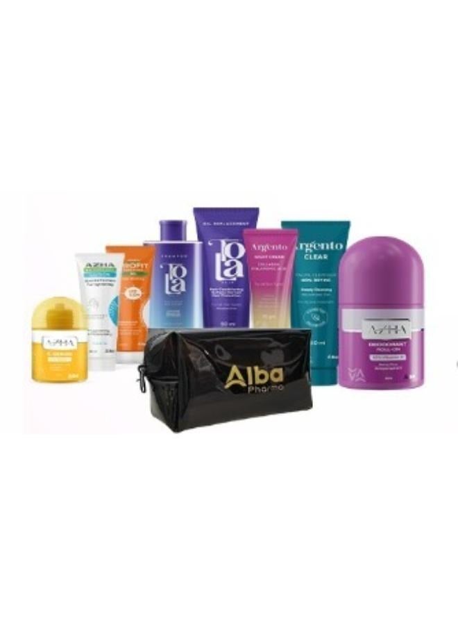 (Azha  Berry Blus  Roll-On 60ml + Azha Sea Serum 30ml + Argento Night 30g + Argento Clear 50ml + Hair Shampoo 80ml + Tola Oil Replacement 50ml + Azha Body Lotion 30ml + Profite Gel 25ml) Travel Bag