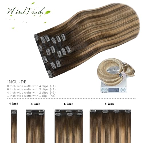 WindTouch Clip In Hair Extensions Human Hair Balayage Chocolate Brown To Dark Blonde Ombre Highlights for Brown Hair 18Inch 75g #4T27P4 7PCS - Image 3