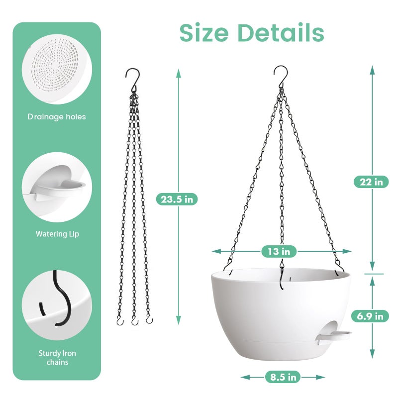 UOUZ 13 Inch 2 Pack Large Self Watering Hanging Planters for Indoor Outdoor Plants, Hanging Plant Pots with Removable 50 Oz Reservoir, Plastic Hanging Basket for Window Porch Garden, White - Image 5