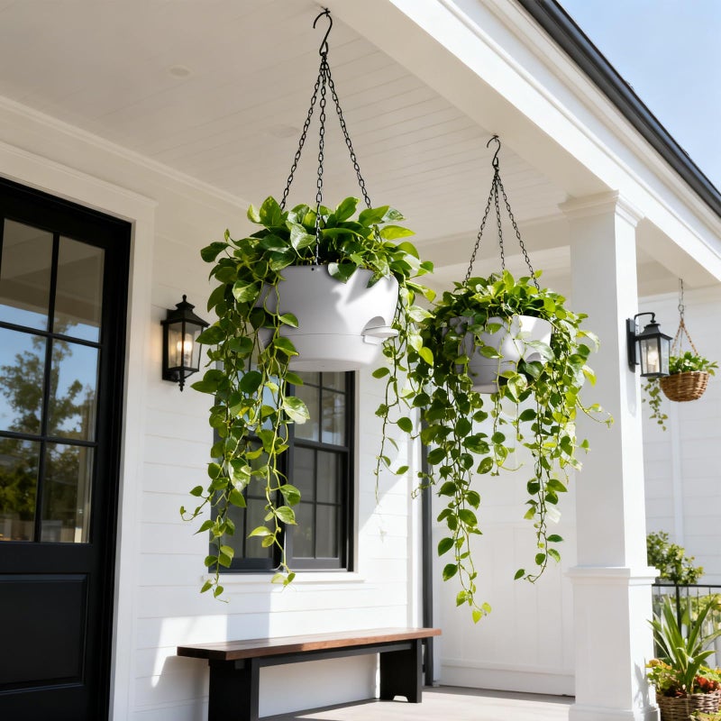 UOUZ 13 Inch 2 Pack Large Self Watering Hanging Planters for Indoor Outdoor Plants, Hanging Plant Pots with Removable 50 Oz Reservoir, Plastic Hanging Basket for Window Porch Garden, White - Image 2