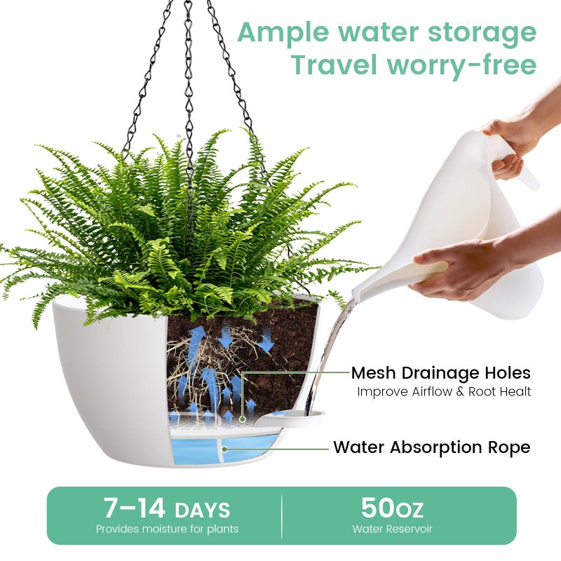 UOUZ 13 Inch 2 Pack Large Self Watering Hanging Planters for Indoor Outdoor Plants, Hanging Plant Pots with Removable 50 Oz Reservoir, Plastic Hanging Basket for Window Porch Garden, White - Image 3