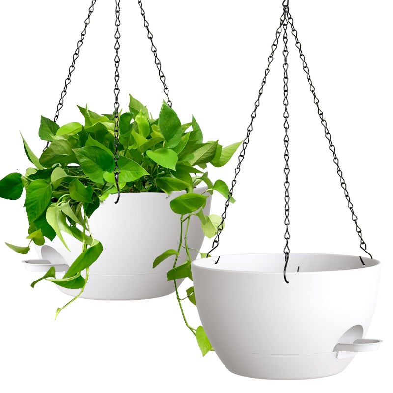 UOUZ 13 Inch 2 Pack Large Self Watering Hanging Planters for Indoor Outdoor Plants, Hanging Plant Pots with Removable 50 Oz Reservoir, Plastic Hanging Basket for Window Porch Garden, White - Image 1