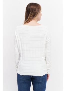 Zero Women Boat Neck Long Sleeve Textured Sweater, White  - Image 2