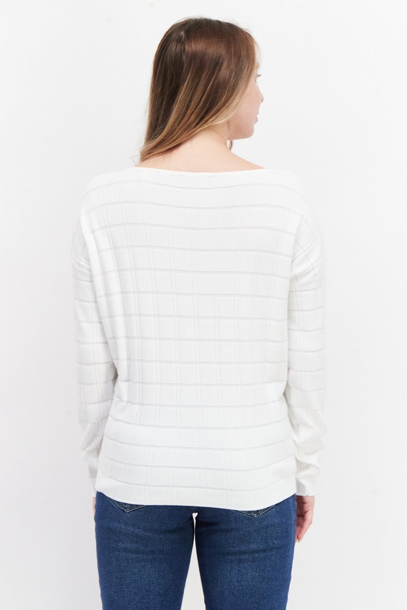 Zero Women Boat Neck Long Sleeve Textured Sweater, White - Image 2
