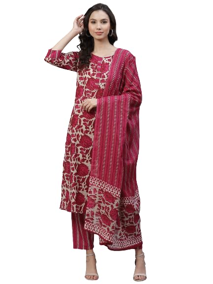 Yuris Womens Magenta Beige Pure Cotton Printed Kurta with Trousers Dupatta (S) - Image 1