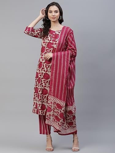 Yuris Womens Magenta Beige Pure Cotton Printed Kurta with Trousers Dupatta (S) - Image 2