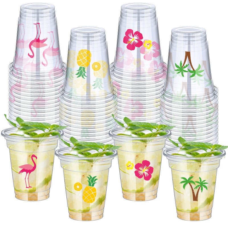 meekoo 100 Pack 12 oz Clear Disposable Luau Cups Hawaiian Flamingo Disposable Plastic Pineapple Tropical Cups for Party Luau and Tiki Party Supplies Birthday Bachelorette Drinkware Decorations