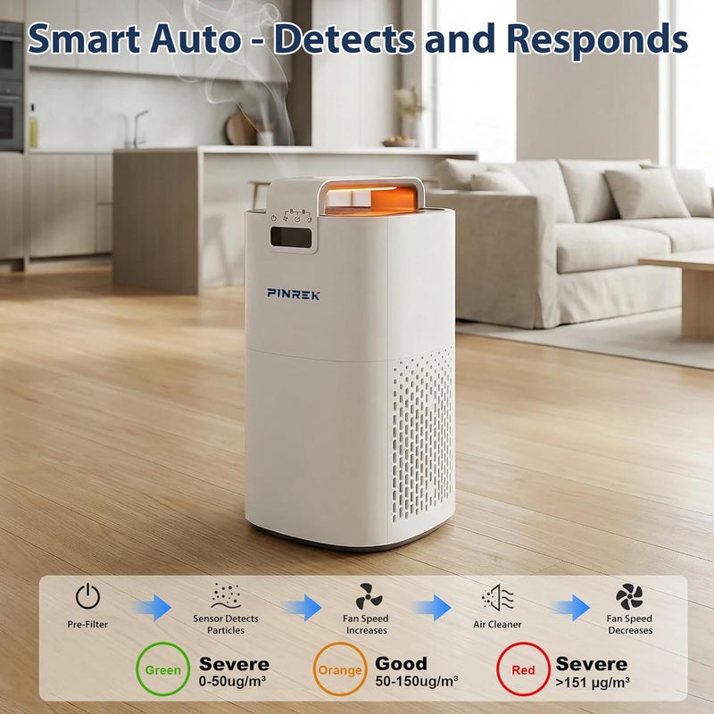 PINREK HEPA Air Purifier for Bedroom Large Room, CADR 400 m³/h Smart WiFi Air Cleaner for Dust Smoke, 24dB Quiet with Aromatherapy & PM2.5 Sensor, 9933S Portable Air Filter for Home Office-Pearl White - Image 5