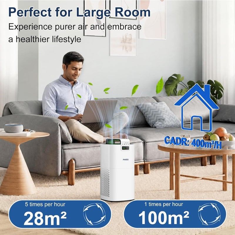 PINREK HEPA Air Purifier for Bedroom Large Room, CADR 400 m³/h Smart WiFi Air Cleaner for Dust Smoke, 24dB Quiet with Aromatherapy & PM2.5 Sensor, 9933S Portable Air Filter for Home Office-Pearl White - Image 2