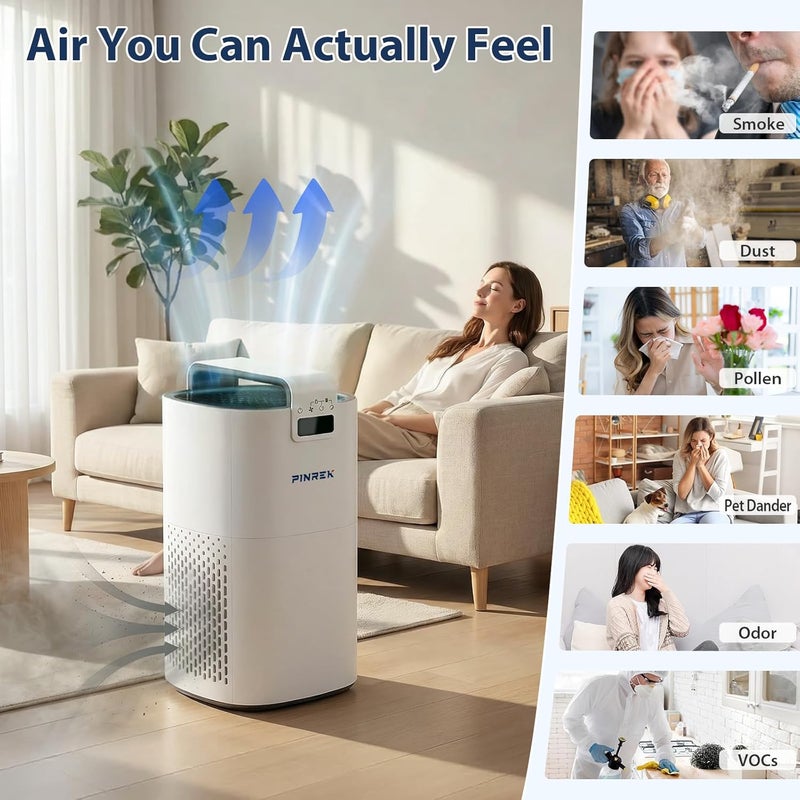 PINREK HEPA Air Purifier for Bedroom Large Room, CADR 400 m³/h Smart WiFi Air Cleaner for Dust Smoke, 24dB Quiet with Aromatherapy & PM2.5 Sensor, 9933S Portable Air Filter for Home Office-Pearl White - Image 4