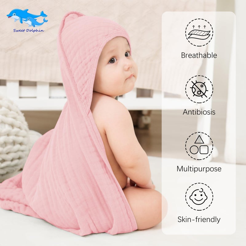 SWEET DOLPHIN Muslin Hooded Baby Bath Towels - 2 Pack 100% Cotton Towel for Babies, Infants, Toddlers - 32x32Inch - Highly Absorbent and Newborn Essential, Pink - Image 2