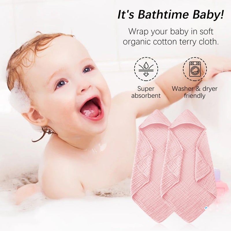 SWEET DOLPHIN Muslin Hooded Baby Bath Towels - 2 Pack 100% Cotton Towel for Babies, Infants, Toddlers - 32x32Inch - Highly Absorbent and Newborn Essential, Pink - Image 3