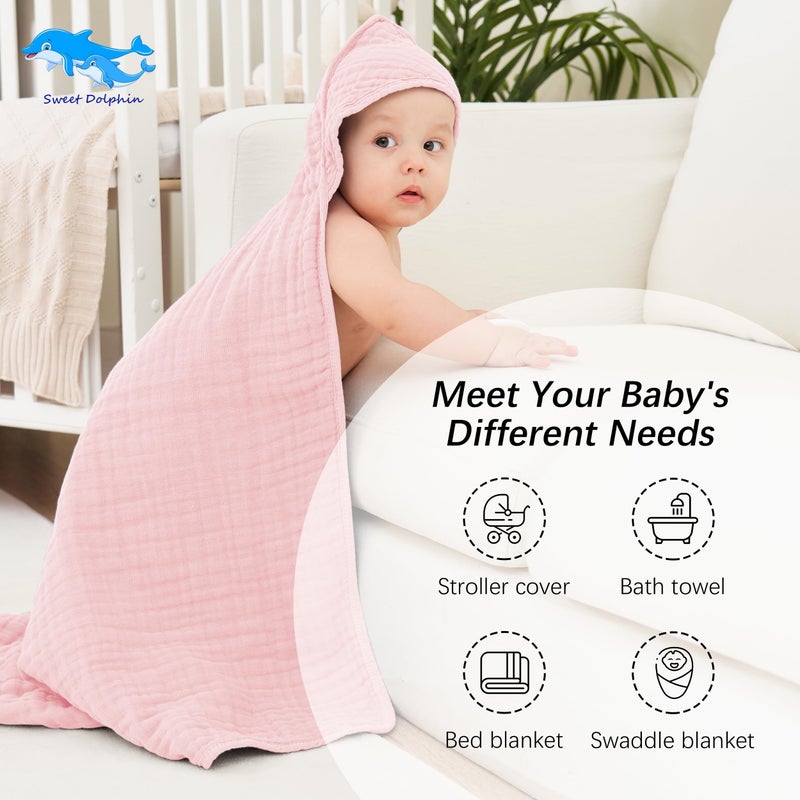 SWEET DOLPHIN Muslin Hooded Baby Bath Towels - 2 Pack 100% Cotton Towel for Babies, Infants, Toddlers - 32x32Inch - Highly Absorbent and Newborn Essential, Pink - Image 4