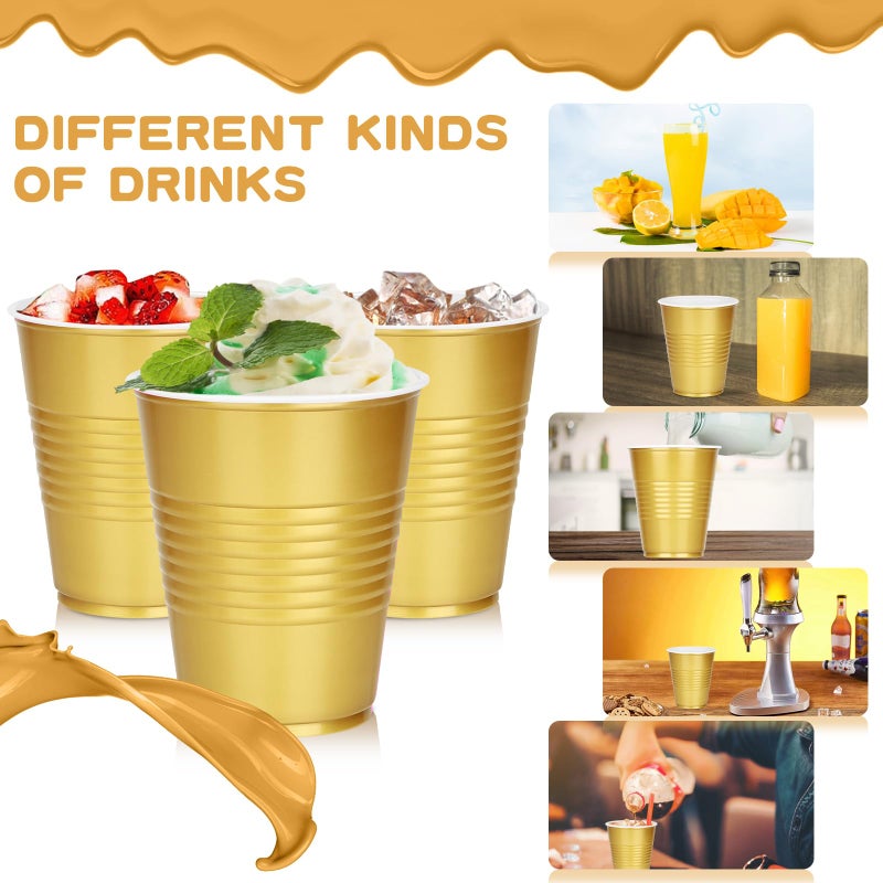 Dualshine 100 Pack Gold Plastic Cups 12 oz Disposable Cups for Party Heavy Duty Drinking Cups Shot Cups for Wedding Birthday Valentine's Day Beer Taste Serving Snack Sample Tastings Barbecues - Image 2