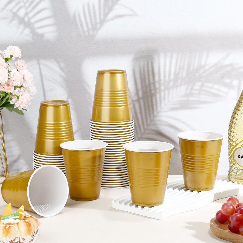 Dualshine 100 Pack Gold Plastic Cups 12 oz Disposable Cups for Party Heavy Duty Drinking Cups Shot Cups for Wedding Birthday Valentine's Day Beer Taste Serving Snack Sample Tastings Barbecues - Image 5
