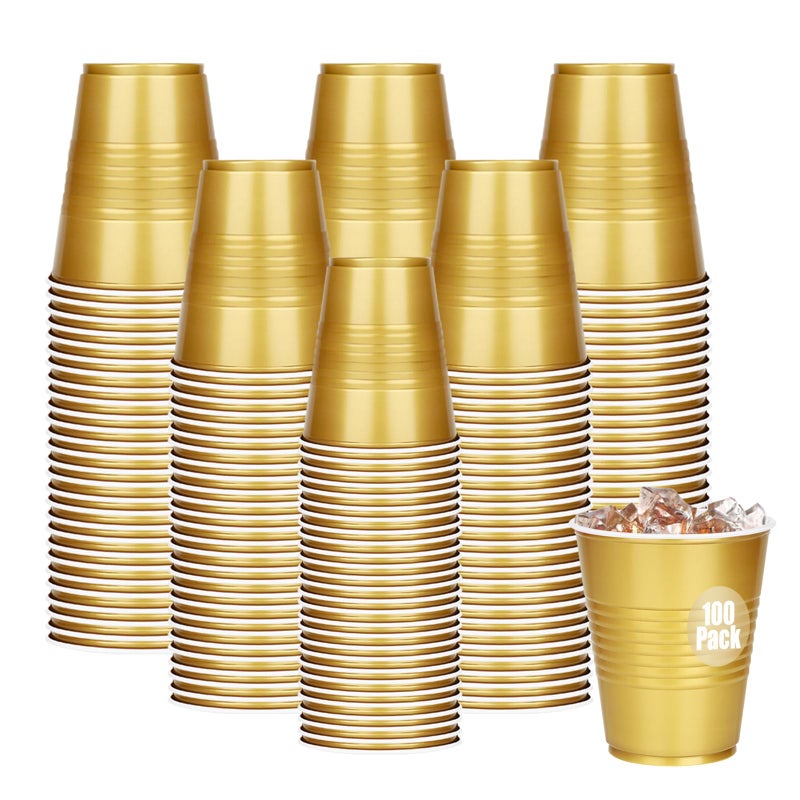 Dualshine 100 Pack Gold Plastic Cups 12 oz Disposable Cups for Party Heavy Duty Drinking Cups Shot Cups for Wedding Birthday Valentine's Day Beer Taste Serving Snack Sample Tastings Barbecues - Image 1