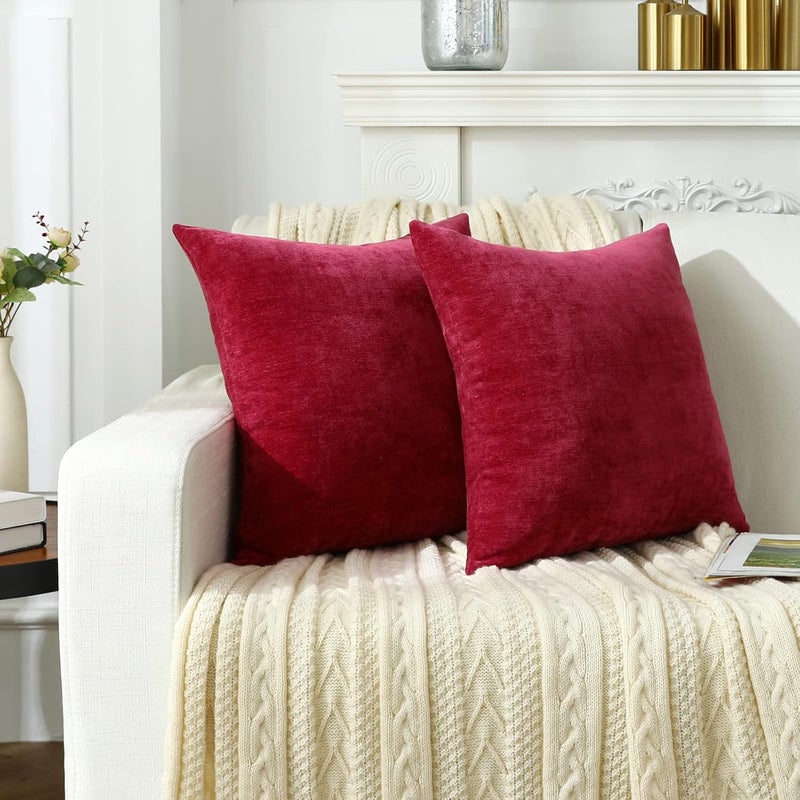 Jeneoo Decorative Bright Red Throw Pillow Covers Rustic Farmhouse Super Soft Square Chenille Comfy Solid Santa Cushion Couch Cases (Set of 2, 18 x 18 Inches) - Image 4