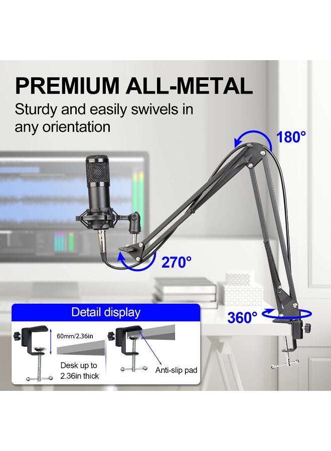 حزمة الميكروفون المكثف ZFSZ Professional BM800 - ميكروفون تسجيل استوديو ذو نمط قطبي مع حامل ذراع مقصّي قابل للتعديل، وحامل عازل للصدمات، وفلتر صوت، وكابل XLR إلى 3.5 مم للاستخدام مع أجهزة الكمبيوتر، والبث المباشر، والبودكاست، والألعاب - Image 4