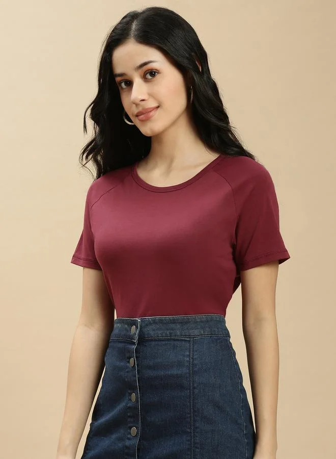 ECOLORE Burgundy Solid Raglan Sleeve Top