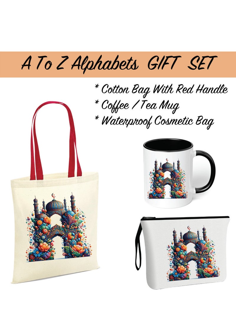 PRINTSHOP4ME Pack of 3 Initial Monogram Gift Set - Black Coffee Mug, Cosmetic Bag and Cotton Tote bag Set - Gift Set for Her - Perfect for Ramadan, School, Travel and Birthday Gift  - Image 2