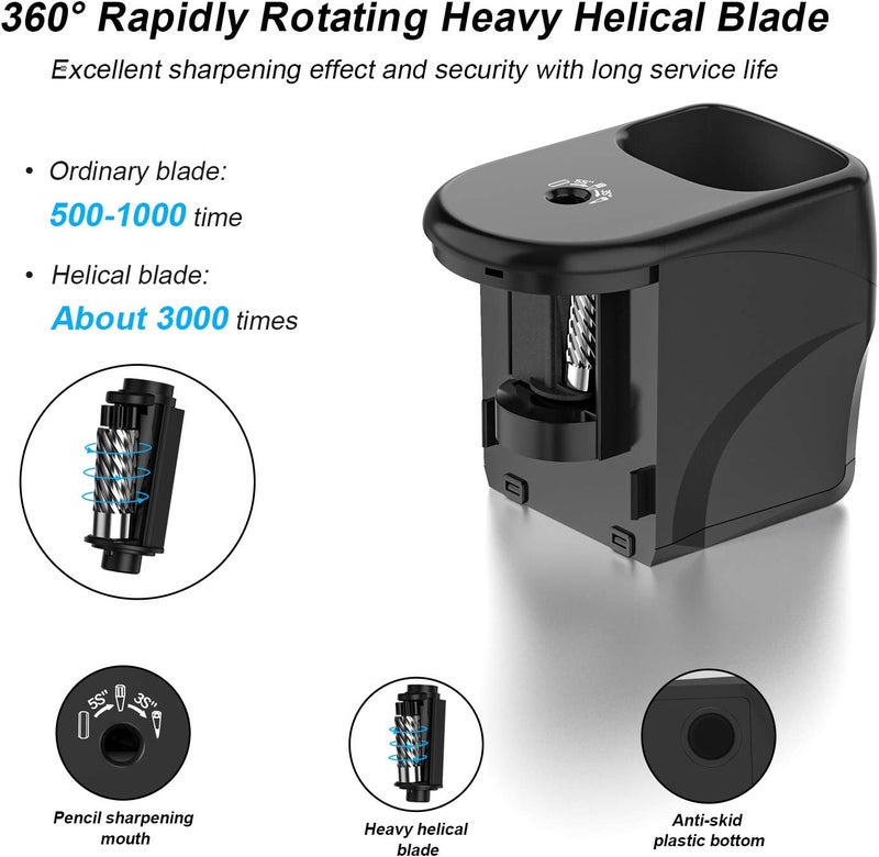 RIYO RIYO Electric Pencil Sharpener Heavy-Duty Helical Blade Sharpener with Adapter/Battery Operated for No.2/ (6-8mm) Pencils with Auto Stop & Cleaning Brush in School/Classroom/Office (Black) - Image 3