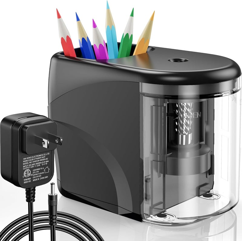 RIYO RIYO Electric Pencil Sharpener Heavy-Duty Helical Blade Sharpener with Adapter/Battery Operated for No.2/ (6-8mm) Pencils with Auto Stop & Cleaning Brush in School/Classroom/Office (Black) - Image 1