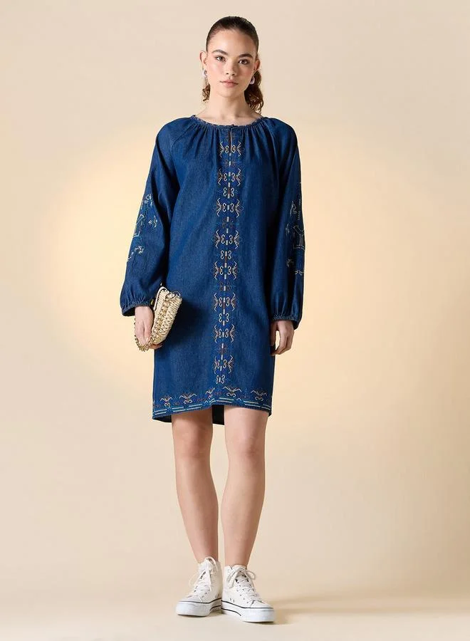 Lee Cooper Lee Cooper Embroidered Cotton Dress with Puff Sleeves