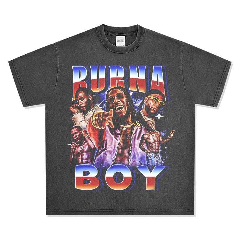 Retro Hip-hop Bernard Boy Burna Boy Printed Short-sleeved T-shirt Heavy Round Neck Hooded Sweatshirt - Image 1
