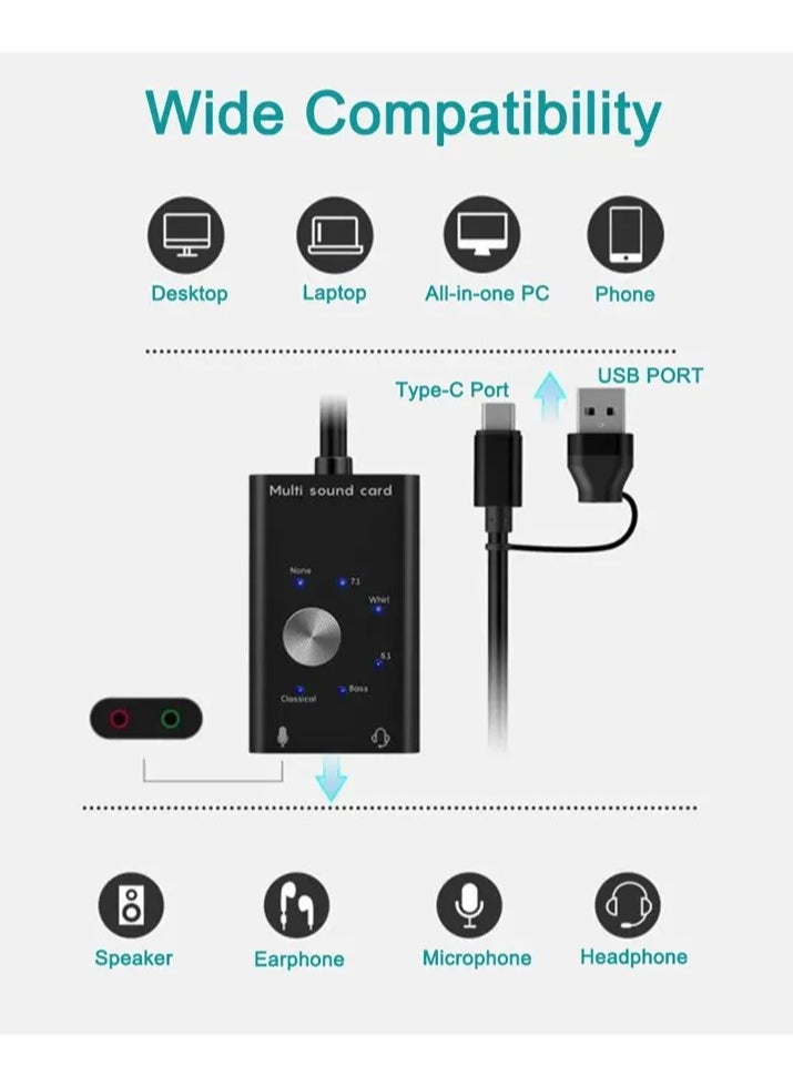 ELIKLIV External sound card USB 7.1 5.1 + Type-C to 3.5mm connector, headphone audio adapter, microphone for Windows, Mac, Linux, Android USB sound card USB and USB C to 3.5mm audio adapter Stereo headset and microphone adapter Compatible with 6 sound effects  - Image 5
