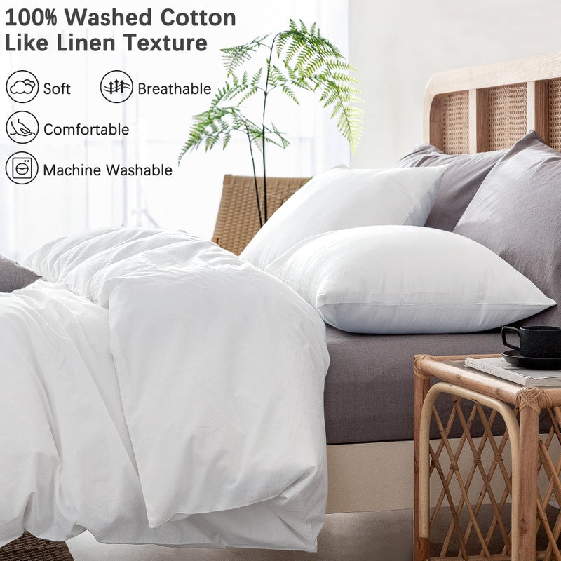 ATsense Duvet Cover, Queen Size, 100% Washed Cotton, Linen Feel, White Comforter Cover Set, Super Soft Comfortable, 3-Piece Bedding Set, Easy Care, Simple Farmhouse Style - Image 5