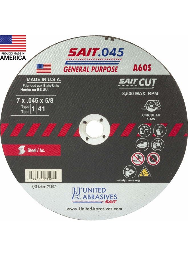 United Abrasives عجلات قطع عامة SAIT 23107 A60S (النوع 1/النوع 41 مسطحة) 7" x .045" x 5/8"، عبوة 50 - Image 1