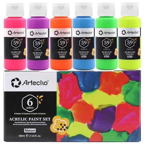 Artecho Neon Paint 6 Colors, 60 ml / 2 oz Acrylic Paint for Decoration, Art Painting, Outdoor and Indoor Art Craft, Supplies for Canvas, Rock, Wood, Waterproof Rich Pigments - Image 1