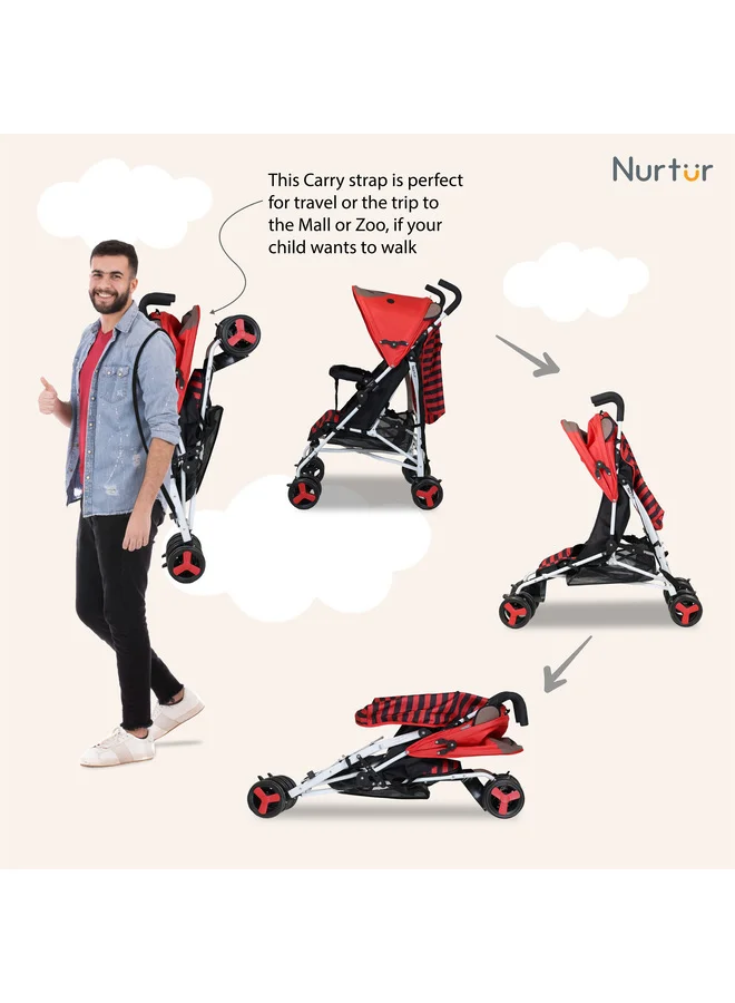 Nurtur Luca Character Baby/Kids Lightweight Stroller 0 36 Months, Storage Basket, Detachable Bumper, 5 Point Safety Harness, Compact Design with shoulder strap - Red